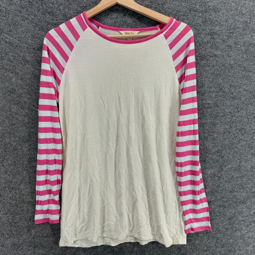 Matilda Jane T-Shirt Women S Small White Striped Long Sleeve Crew Neck Casual
